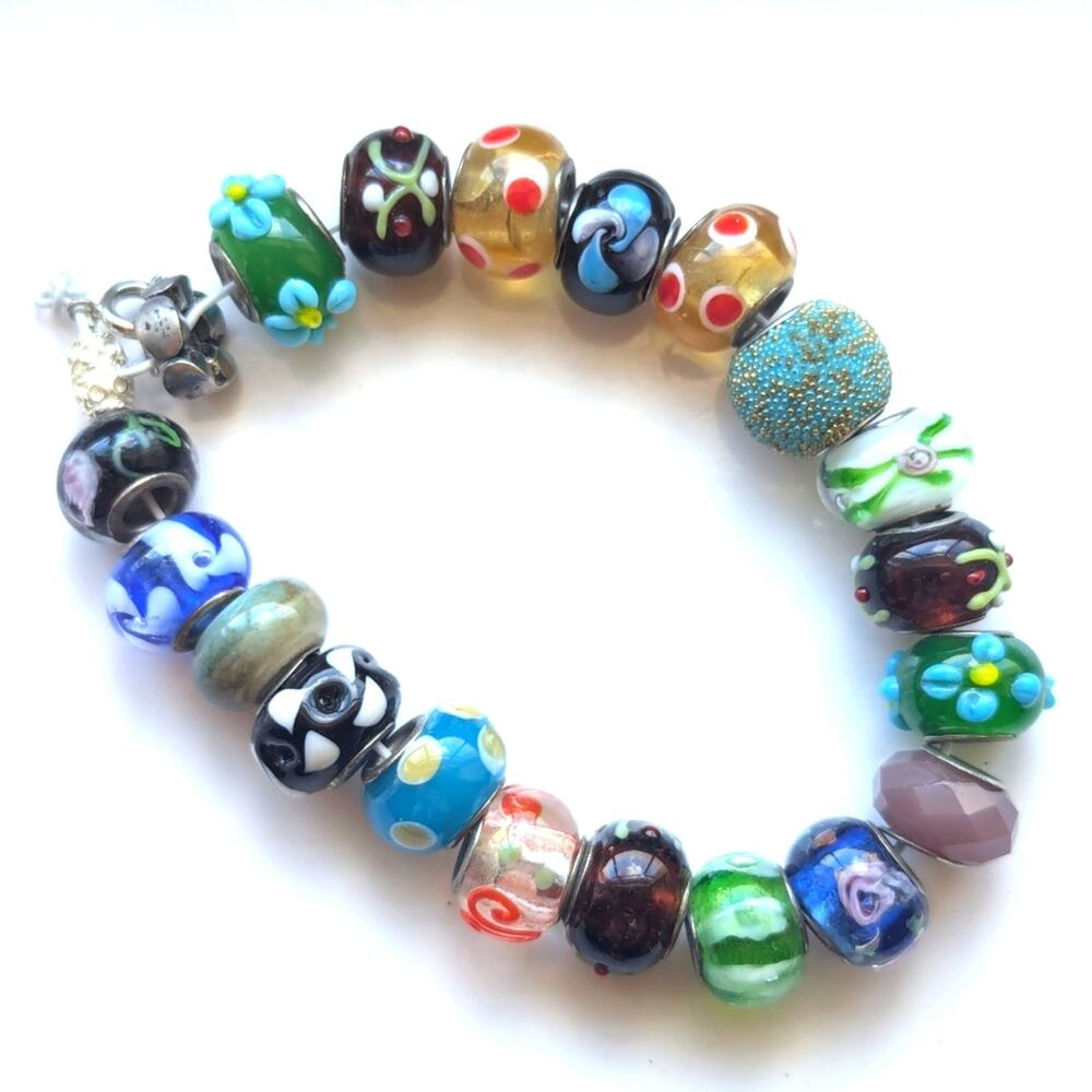 Floral Murano Charm Silver Tone Core Set Of 19 Glass Beads For Crafting Bracelet